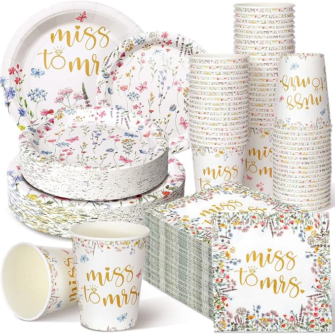 Zhehao 250 Pcs Bridal Shower Plates Napkins Sets 50 Pcs Floral 9'' Dinner Plates and 7'' Dessert Plate and 9oz Cups 100 Napkins Serves 50 Bridal Shower Wildflower Wedding Tableware Set