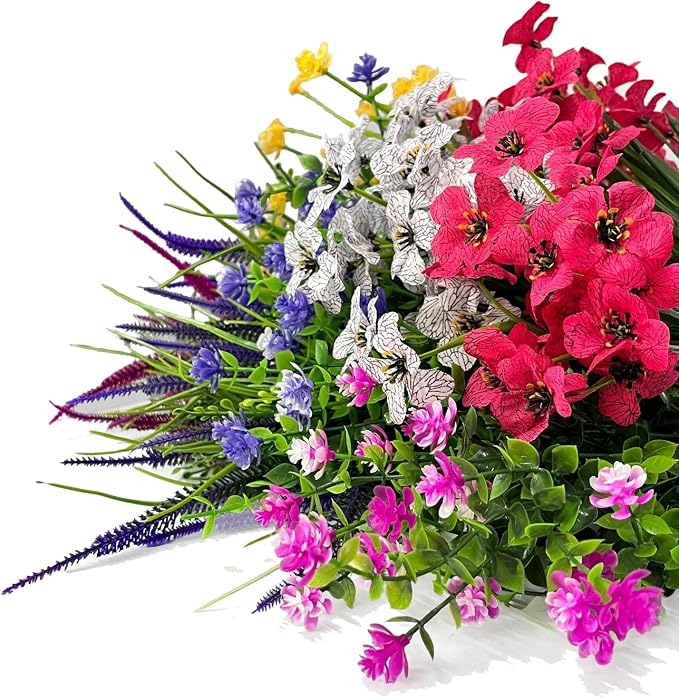 Artificial Flowers for Outdoor,18 Bundles UV Resistant Fake Plants for Outside Window Box Porch & Hanging Planters-Realistic Plastic Faux Flowers for Garden Patio Wedding Decor (Magenta,Purple,Red)