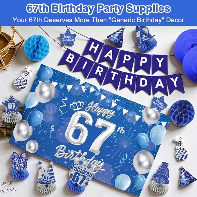 Happy Birthday Party Decoration Set: Including Birthday Banner Backdrop, Party Table Centerpieces and Hanging Swirl Party Streamers, Birthday Decor Suppliers for Men and Women (Blue, 67th Birthday)