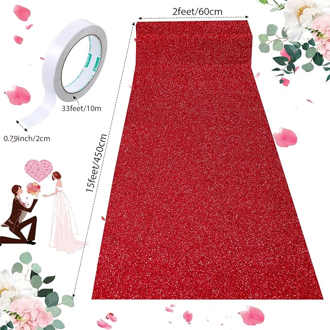 Shihanee Sequin Aisle Runner for Wedding Glitter Rug with Carpet Tape Sparkly Prom Outdoor Floor Birthday Carpet Runner for Ceremony Event Graduation Party(2 x 15 ft,Red)