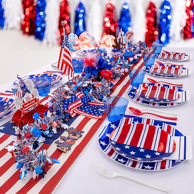 Festiva 175Pcs 4th of July Plates & Red White Blue Disposable Plastic Silverware &Clear Blue Cups-American Flag Patriotic Party Supplies for,4th of July&Memorial Day