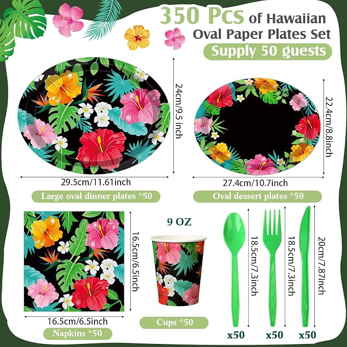 Pajean 350 Pcs Hawaiian Luau Party Supplies 12 in Disposable Tropical Aloha Oval Plates and Napkins Set Hibiscus Floral Heavy Duty Paper Tableware Set for 50 Guests Summer Pool Beach Party Decorations