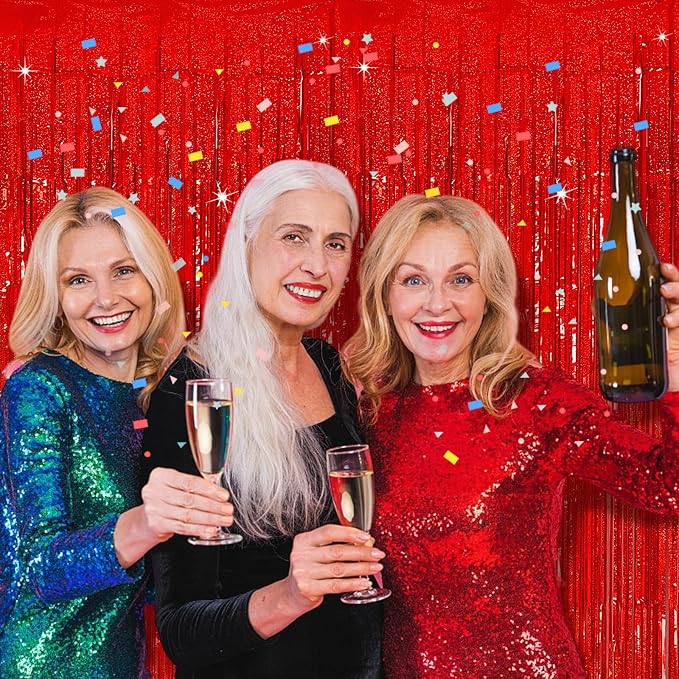 Tinsel Curtain Backdrop Red Birthday Party Decorations 2 Packs Glitter Foil Fringe Curtain Decor Streamers Photo Booth for Christmas Wedding Halloween Graduation