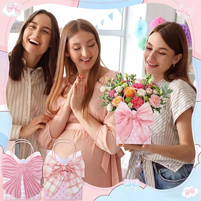 Tosstuki 12 Pcs Pink Bow Party Favor Bags 3D Coquette Bow Birthday Gift Goodie Bags with Handles Cute Girly Treat Paper Bag for Women Birthday Wedding Party Decorations Supplies