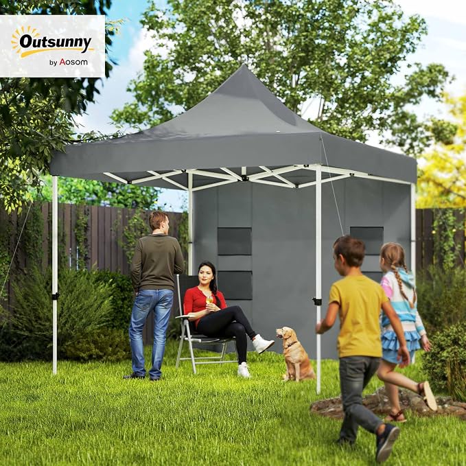 Outsunny 10' x 10' Heavy Duty Pop Up Canopy Tent with Sidewall and Trash Bags, UPF50+ Instant Sun Shelter, Height Adjustable, with Wheeled Bag, Sand Bags for Outdoor, Patio, Gray