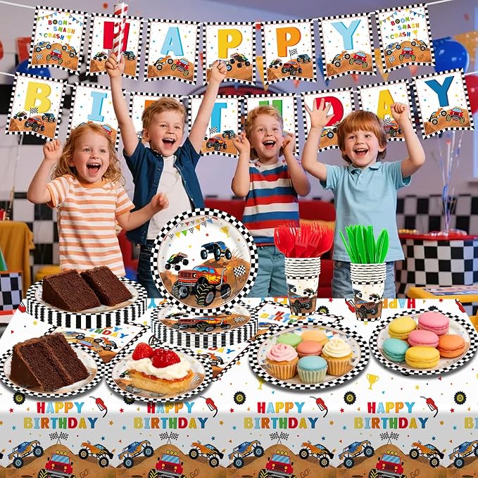 182pcs Monster Truck Party Supplies,Kids Birthday Plates and Napkins Set for Boys Birthday Party Decorations,Serves 30 Guests