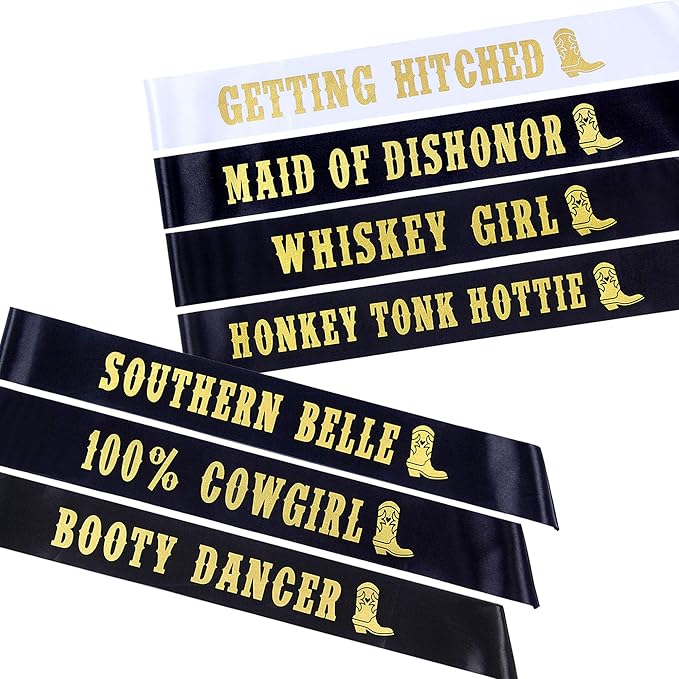 Pop Fizz Designs Nashville Bachelorette Party Sashes | 7 Pack | Includes 1 Bride Sash “Getting Hitched” | 6 Funny Bride Tribe Sashes for Bridal Party
