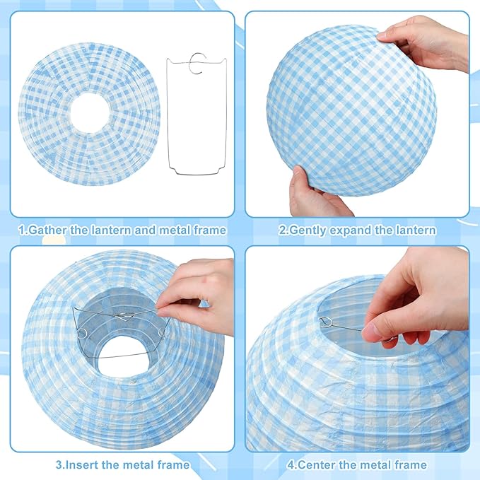 Honoson 12 Pcs Blue Gingham Paper Lanterns 10 Inch White and Blue Checkered Plaid Round Chinese Hanging Lanterns for Baby Boy Shower Wedding Birthday Picnic BBQ Decoration