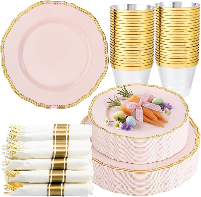 Hioasis 175pcs Pink and Gold Plastic Plates - Pink Plastic Dinnerware Set Includes 25 Dinner Plates, 25 Dessert Dinnerware, 25 Cups, 25 Napkins Perfect for Wedding & Easter