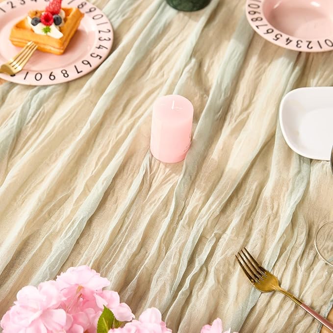 Sage Green Spring Table Runner Boho Cheesecloth Table Runner 120 inches Crinkled Gauze Sheer Mother's Day Table Centerpieces for Wedding Ceremony Anniversary Bridal Baby Shower Banquet