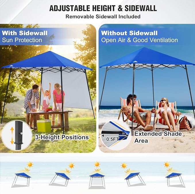 EAGLE PEAK 8x8 Pop Up Canopy Tent with Extended Eaves & Sidewall, Compact, Portable, Easy Setup Slant Leg Instant Shelter for Beach, Sports, & Camping, 8x8 Base 7x7 Top, Blue