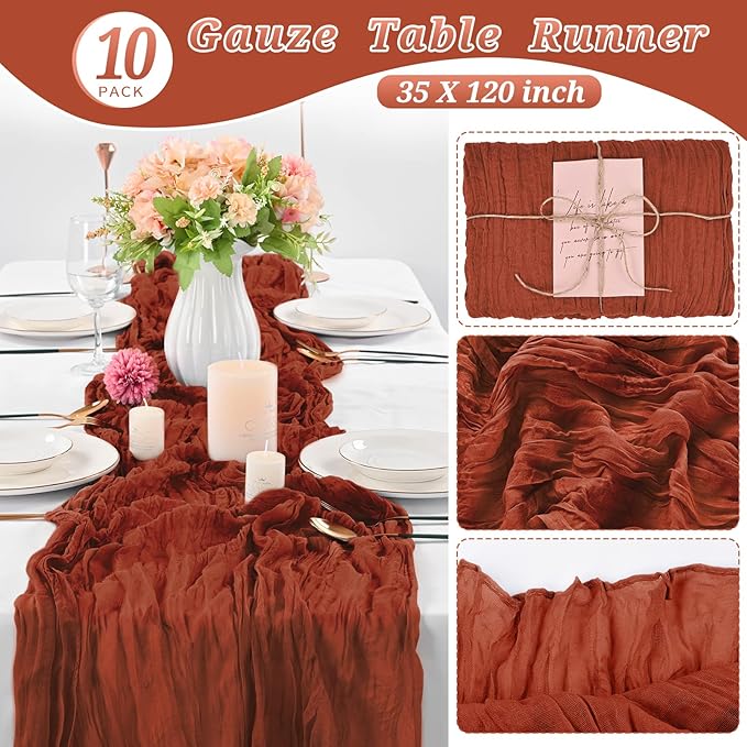 10 Pcs Terracotta Cheesecloth Table Runner 10FT, Gauze Table Runner for Wedding Reception Sheer Bridal Shower Birthday Party Boho Table Decoration, Rustic Romantic Wedding Runner