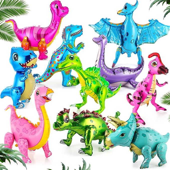 Foilswirl 10 Pcs Giant 3D Dinosaur Balloons for Birthday Party Decorations (20-35") Cute Self-standing Dino Balloons Inflatable Foil Balloon for Jungle Theme, Jurassic Theme, Baby Shower Supplies
