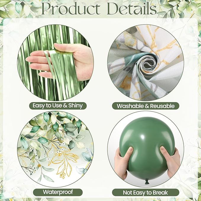 Sage Green Birthday Decorations 118PCS Olive Green Happy Birthday Banner Backdrop Balloons Garland Arch Kit Tablecloth Greenery Gold Plates and Napkins Party Supplies for Women Girls Baby Shower Decor
