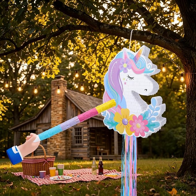 Unicorn Piñata - Unicorn Party Supplies Piñata Bundle with Hair Clip Blindfold and Bat, Pull String Pinata for Birthday Favors Decorations Supplies (16x12x3 Inches)