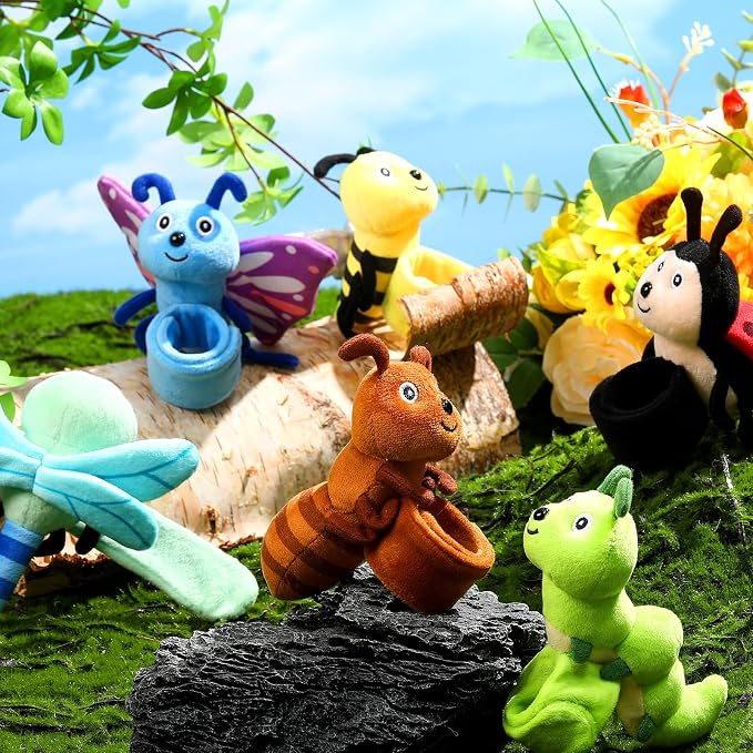 Gemscream 6 Pcs Stuffed Animal Slap Bracelets for Kids, 8 Inch Back to School Small Classroom Prizes Toy, Wrist Snap Bracelets Birthday Gifts for Boys Girls Pet Adoption Party Favors(Insect Animals)