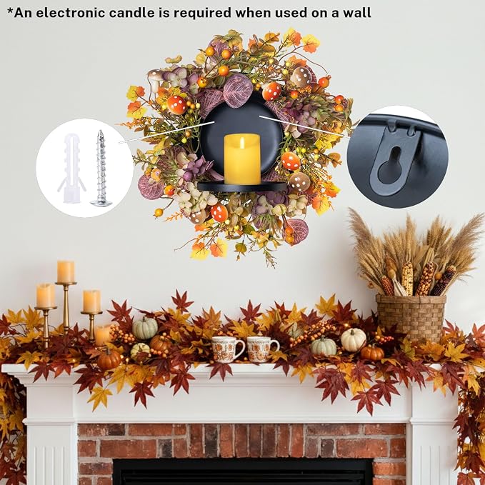 MOYEE Autumn Centerpieces for Tables Candle Ring, Black Metal Candlestick with an Artificial Wreaths 14 in Versatile Dining Table Centerpiece Decor (Mushroom and Daisy Wreath)