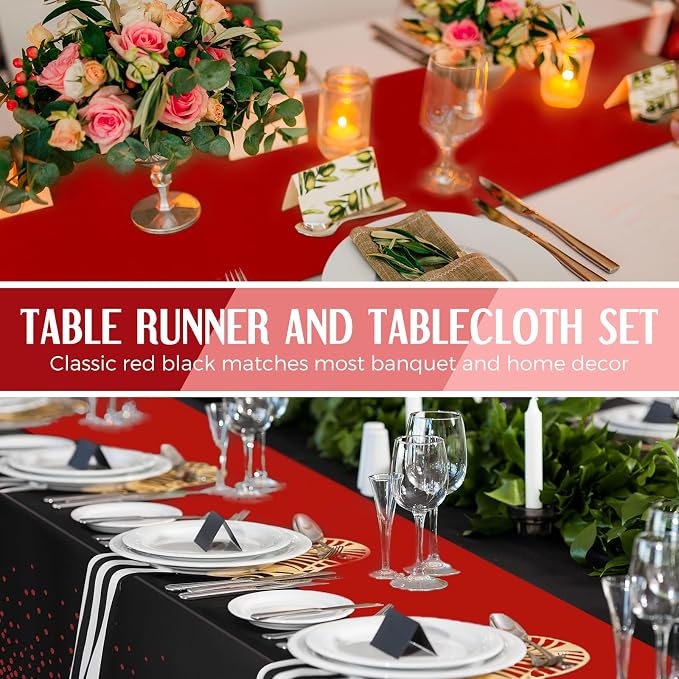 Breling 24 Pack Black and Red Disposable Plastic Tablecloths and Satin Table Runner Set, 54 x 108 Inch Tablecloth, 12 x 108 Inch Table Runners for Wedding Graduation Birthday Baby Shower