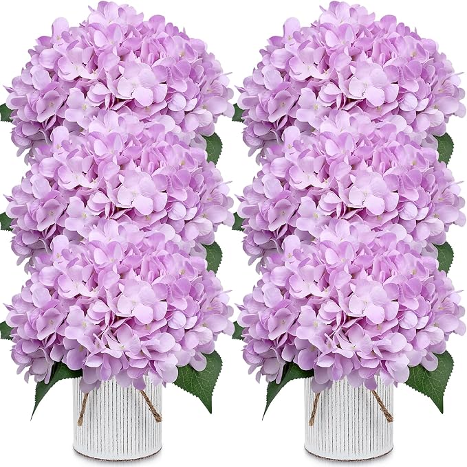 Set of 6 Flower Table Centerpieces - Lilac Fake Hydrangeas Floral Arrangement with Rustic Metal Vase for Baby Bridal Shower Birthday Party Event Wedding Decorations