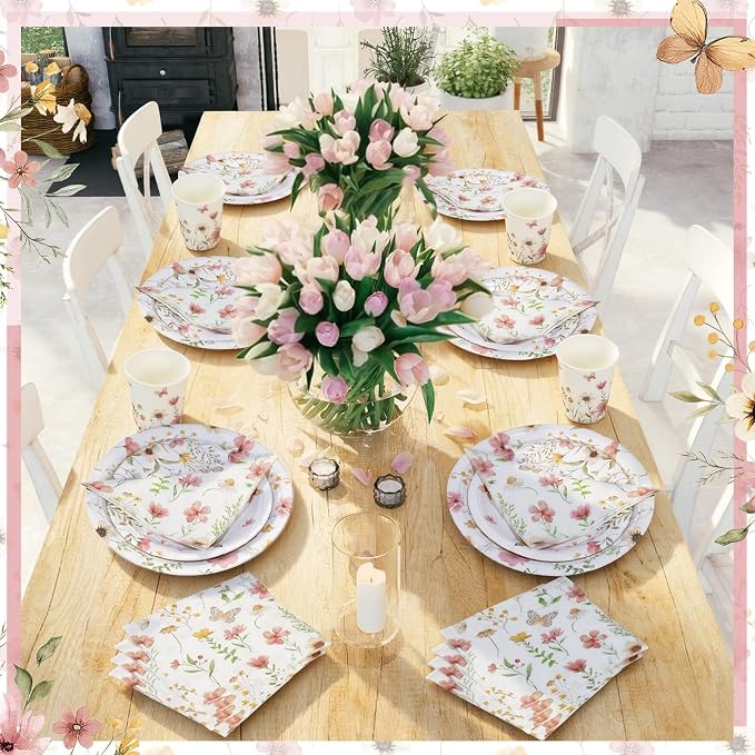 Ziliny 250 Pcs Wildflower Party Decorations Include Spring Summer Floral Paper Plates Napkins and Cups for Wildflower Baby Shower Tea Decorations, Serve 50 Guest (Boho, Pink Flower Style)