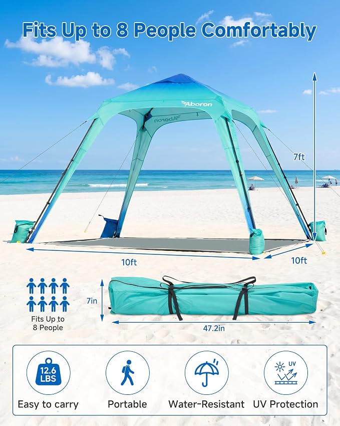 Slsy Beach Tent 10 x 10 FT, Beach Shelter with Removable Side Wall, UPF 50+ Canopy Cabana for Sun Protection, Easy Setup Shade with Sandbags, Stakes & Guy Lines, Wind Resistant, Fits 6-8 People
