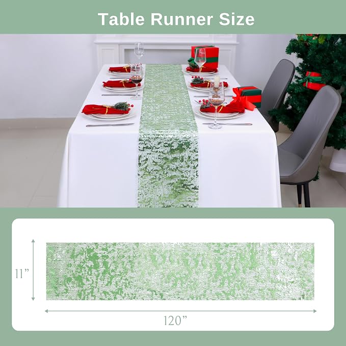Snowkingdom Sage Green Table Runner, Sequin Glitter Foil Metallic Sage Green Mesh Spring Table Runner 11inch x 240inch,Table Decorations for Party Wedding Bridal Birthday Shower Christmas