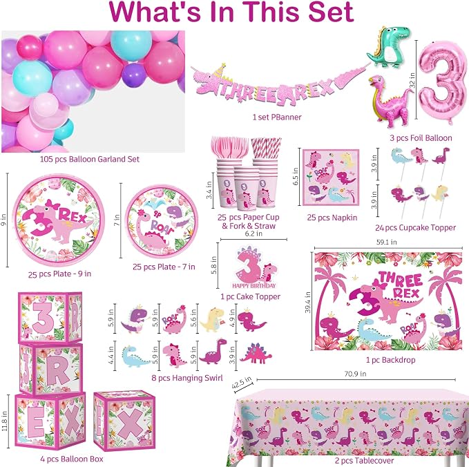 314Pcs Three Rex Birthday Decorations Serves 25 Guests, All-in-One Pink Dinosaur Birthday Decorations Includes Balloon Arch Kit, Banner, Plates, Balloons Box, Tablecloth, Cake Topper