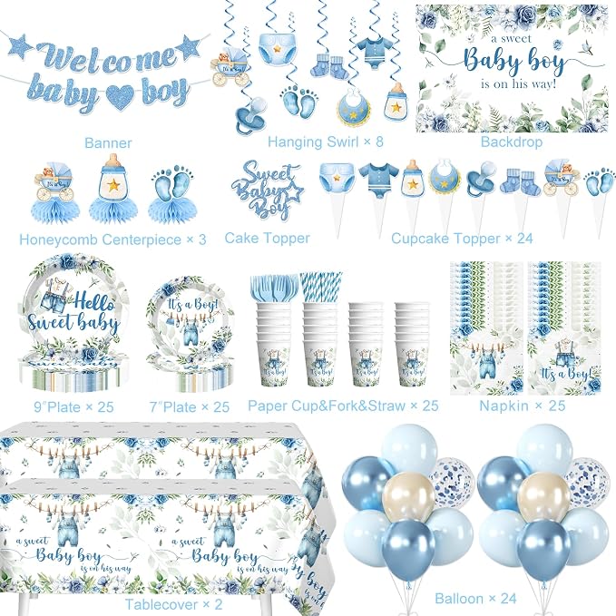 cocomigo 222Pcs Baby Boy Shower Decorations, All-in-One Blue Baby Shower Party Supplies Includes Banner, Backdrop, Cake Topper, Paper Plates and Napkins, Easy Setup Baby Shower Boy Decor, Serves 25