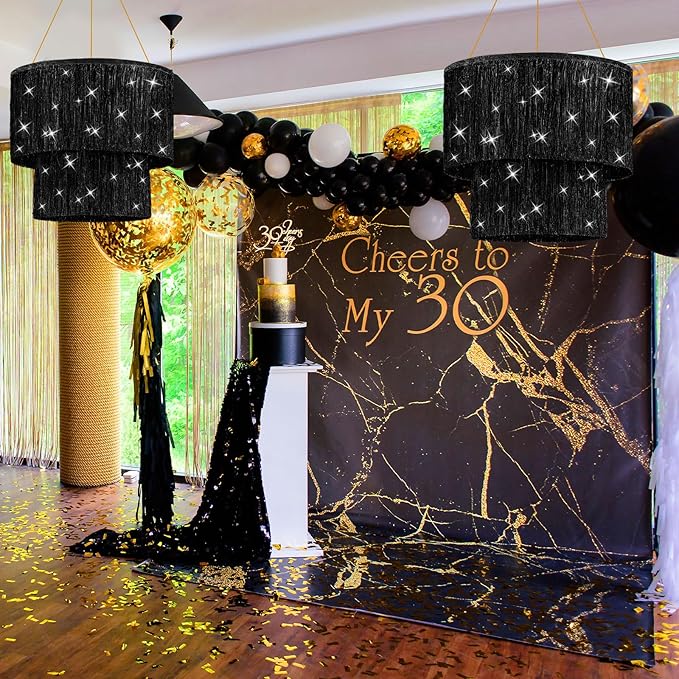 Novabright 2 Pcs 2 Tier Fringe Tinsel Chandelier Foil Iridescent Tassels Trim Shiny Hanging Disco Ball Ceiling Decor for Wedding Anniversaries Birthday 1920s Themed Party(Black)