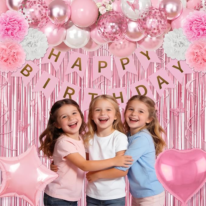 Pink Birthday Party Decorations, Pink and White Pearl Confetti Foil Balloons Happy Birthday Banner Fringe Curtain Butterfly Hanging Swirls Circle Dots Tassels Pompoms for Women Girls Party Supplies