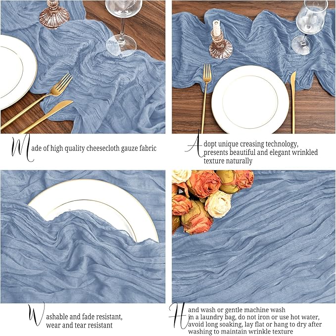 12 Pack Dusty Blue Table Runner 10Ft Cheesecloth Table Runner Rustic Gauze Table Runners Romantic Long Sheer Fabric Cheese Cloth Table Runners for Wedding Party Bridal Baby Shower