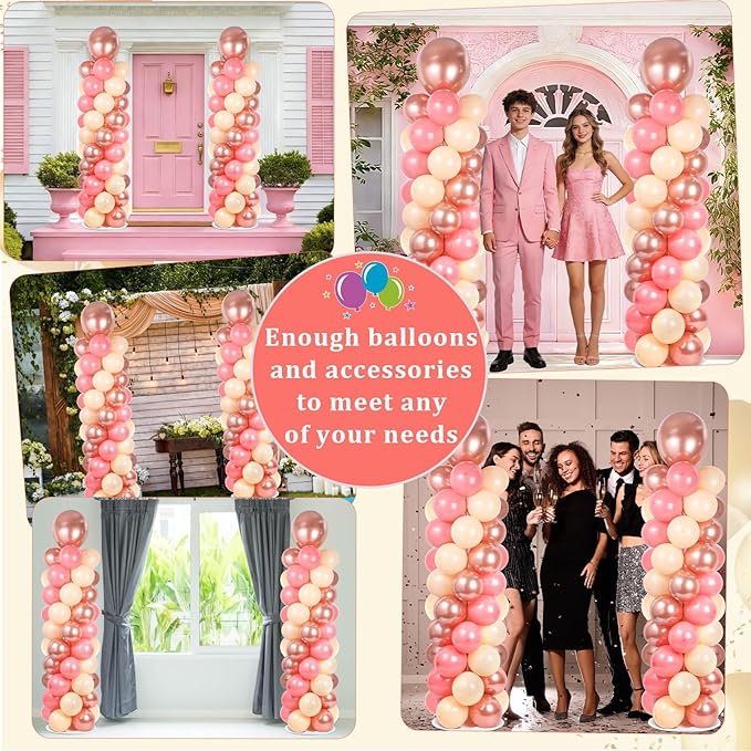 2 Sets Rose Gold Balloon Column Stand Kit with 100 Balloons Adjustable Balloon Tower Stand with Bases for Floor Balloons Column Kit for Wedding Graduation Birthday Appreciation Party Decor