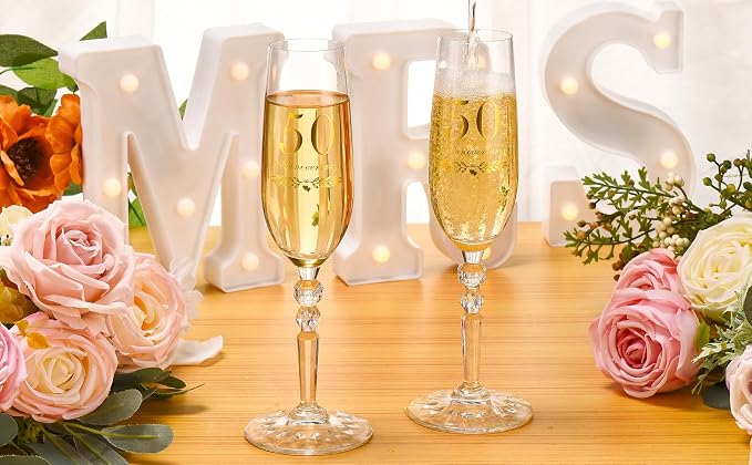 50th Anniversary Decorations Gifts for Couple, Classical Style 50th Wedding Anniversary Champagne Flutes Glasses, Crystal Champagne Glasses Set of 2, Gifts for Parents
