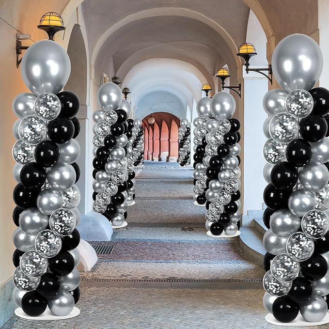 2 Sets Black and Silver Balloon Column Stand Kit with 100 Balloons Graduation Adjustable Tower Stand with Base for Floor Spring Mother's Day Column for Birthday Wedding Party Decor