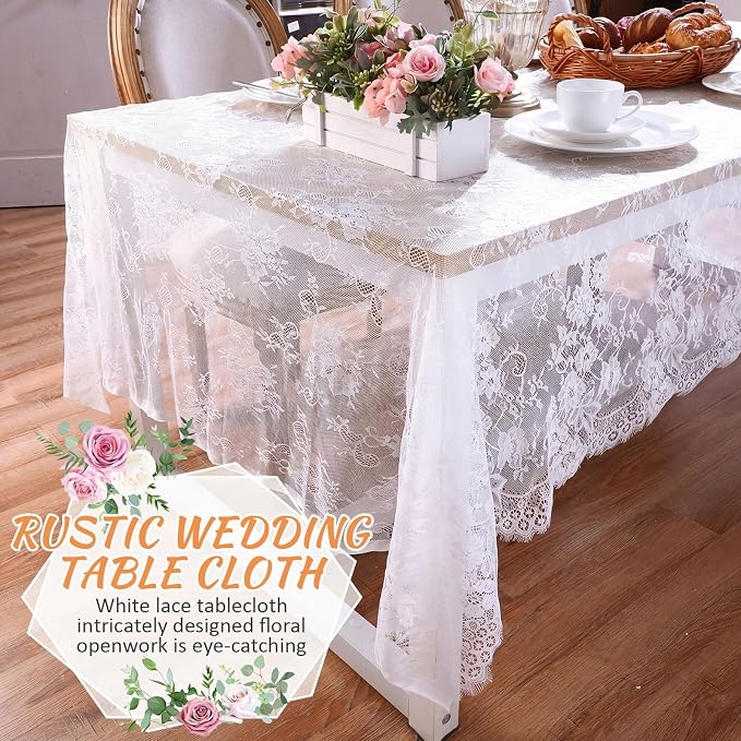 Honeydak 6 Pcs Lace Tablecloth Rectangular 60 x 120 Inch Wedding Rustic Tablecloth Overlay Rose Vintage Embroidered Wedding Reception Party Table Cover Decorations for Bridal Tea Party