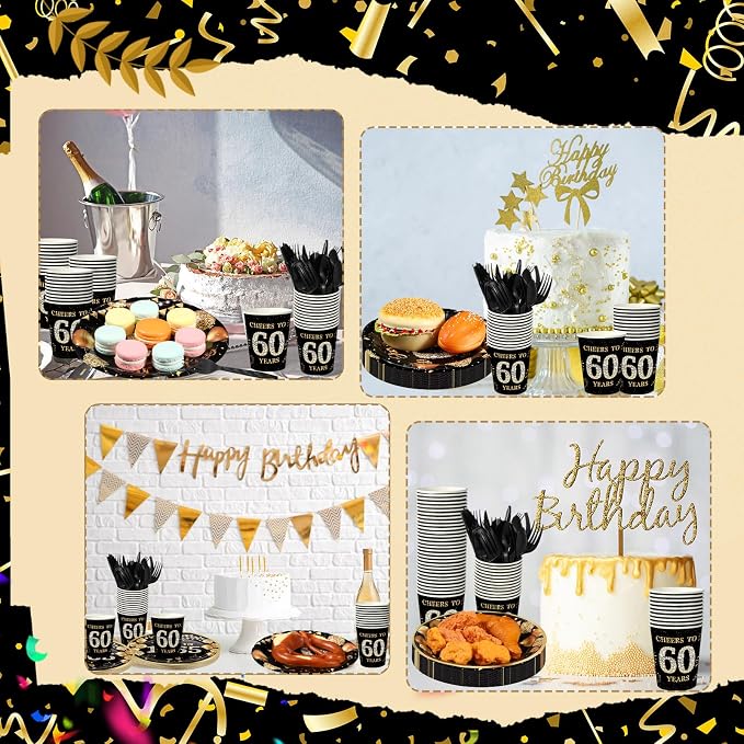 240 Pcs 60th Birthday Decorations 1966 Birthday Party Tableware Include Plates Napkins 9oz Cups Cutlery 60th Anniversary Party Supplies for Men Women Him Her, Serve 30 Guests (Black Gold)