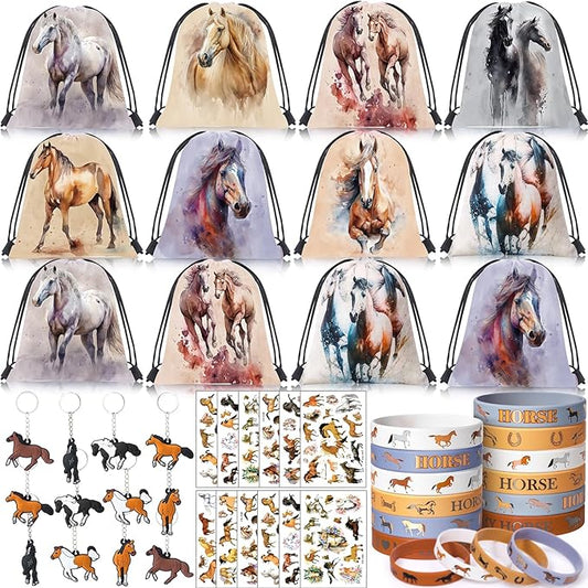 SNLN 12Sets Horse Party Favors Birthday Supplies Boy Girl Kid, Drawstring Bag Silicone Bracelet Tattoo Sticker Keychain Horse Themed Pinata Filler Cowboy Cowgirl Rodeo Western Party Favors Supplies