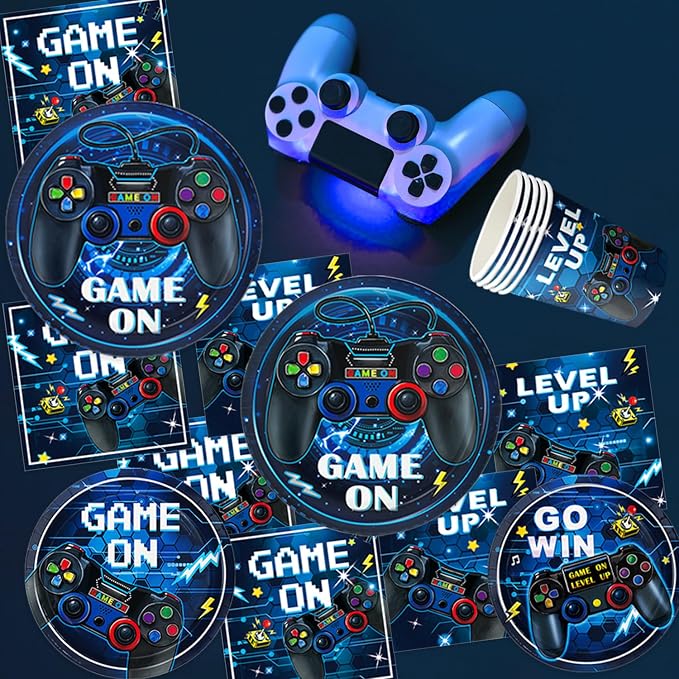 Video Game Birthday Decorations Includes Plates, Napkins, Cups, Cutlery, Cake & Cupcake Toppers, Banner, Hanging Swirls, Tablecloths, Balloons for Boys Gamer Birthday Party Decorations, Serves 24