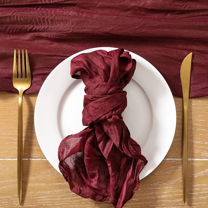25pcs Burgundy Red Cheesecloth Napkins Washable Boho Rustic Gauze Table Cloth Napkins Bulk 21x21 Inches for Wedding Party Bridal Baby Shower Birthday Table Decor