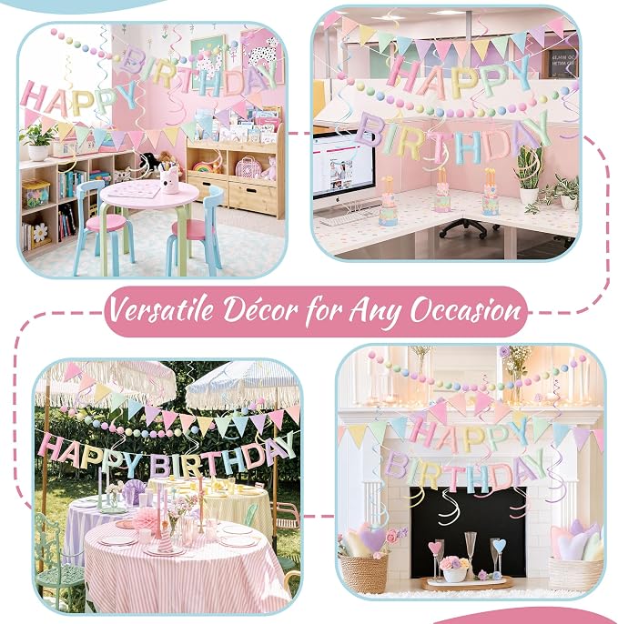 Kriyokiaa Pre-Strung Felt Happy Birthday Banner Pastel Happy Birthday Party Decorations with Pom Pom Garland, Flag and Hanging Swrils for Women Girls Party Decor