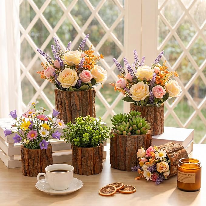 6 Set Wooden Vase for Centerpieces Wedding Flower Table Centerpieces Decor Rustic Bark Stump Bucket Farmhouse Wood Planter Pot for Woodland Party Window Home (Flower Foam,L+m+s)