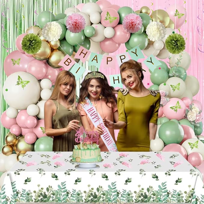 Pink and Sage Green Birthday Party Decorations with Happy Birthday Banner, Balloons, Sash, Crown, Butterfly, Hanging Swirls, Tablecloth, Fringe Curtain, Pompoms for Women Girls Princess Party Supplies