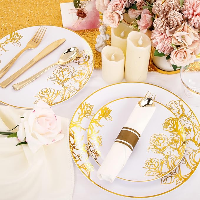 DaYammi 210Pcs White Gold Plastic Plates for Party,Gold Disposable Dinnerware Set Includes 60 gold Floral Plates,30 Plastic Silverware,30 Per Rolled Napkins,30 Cups for Mother's Day Party Wedding