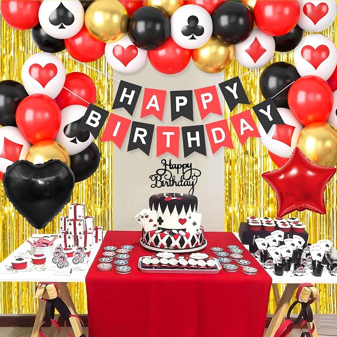 Casino Theme Party Decorations for Men Women, Casino Birthday Decorations with Poker Balloons 'HAPPY BIRTHDAY' Banner Cake Topper Star Foil Balloons Fringe Curtain for Las Vegas Game Night Party Decor