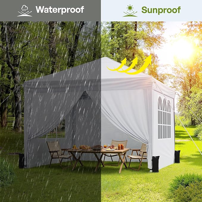 10x10 Pop Up Canopy with Sidewalls, Instant Portable Canopy Tent with Carry Bag for Commercial Events, Camping, Parties - White