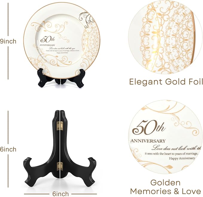 Urllinz 50th Anniversary Wedding Gifts for Couples Parents Grandparents- Golden Wedding Anniversary Keepsake Gift, 50 Year Marriage Plate with Stand, Ceramic with 24k Gold Foil, 9 inch