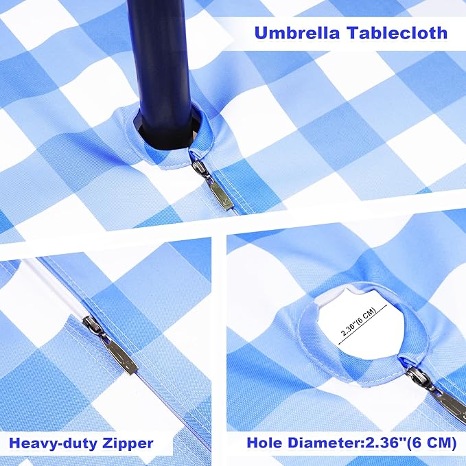 Poise3EHome Rectangle Outdoor Tablecloth with Umbrella Hole and Zipper,Blue Gingham 104x60 Inch,Polyester SpillProof Washable Table Cloth for Spring Summer Patio Garden Poolside Picnic Camping BBQS