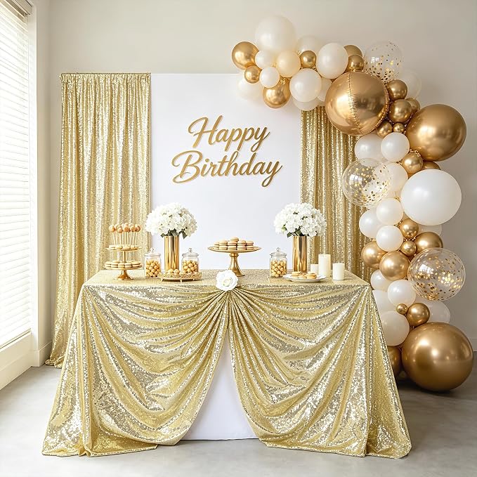 MoKoHouse Sequin Tablecloth Rectangular 90x132 Inch Light Gold Table Cloth Seamless Glitter Fabric for Home Party Wedding Decor Christmas Decorations