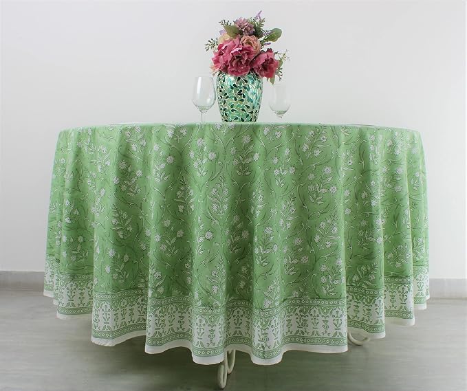 Ridhi Round Tablecloth Hand Block Print 100% Cotton Reusable Pear Green 60 Inch Table Cover Decorative Everyday Use for Dining, Home, Party, Wedding, Farmhouse, Party Gift for Spring, Mother's Day