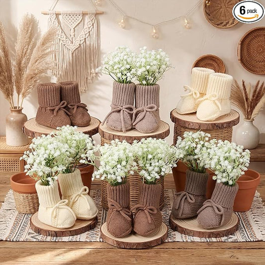6 Sets Boho Baby Shower Centerpieces, Includes Knitted Newborn Booties and Baby's Breath Flowers with Floral Foam Block for Gender Reveal Newborn Announcement Table Decor